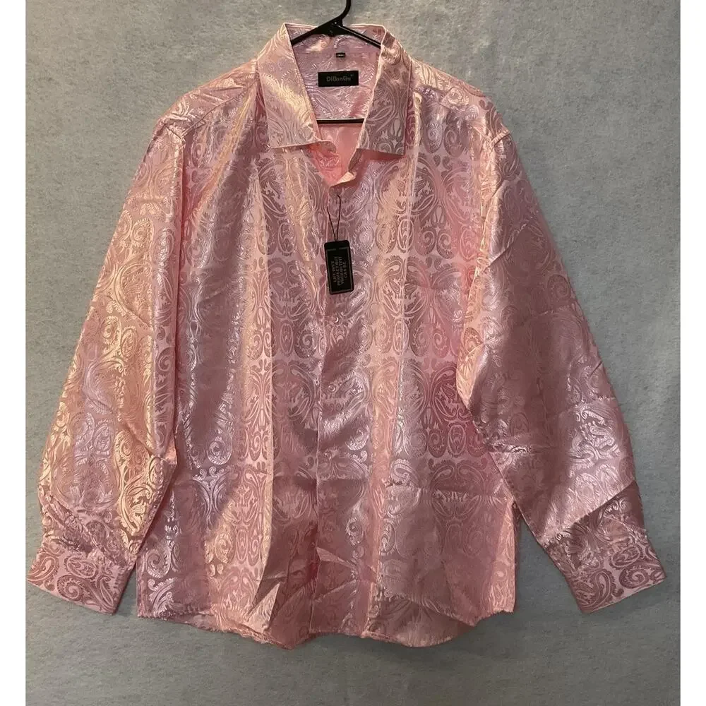 DiBanGu Shirt Mens XL Pink Paisley Jacquard Long Sleeve Party Dress Shirt - Picture 1 of 8